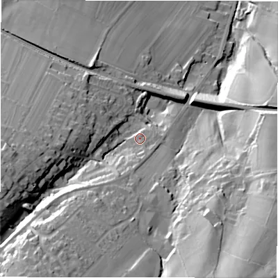 Shaded relief map of the ground around HD88FA, computed from Environment Agency LiDAR. The ground here sits at about 178 m above sea level and falls 59 m across the surrounding 800 m. Surface water reaching this point runs off ground lying to the south-west, 36.1 m higher.