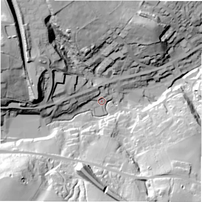 Shaded relief map of the ground around HD88FN, computed from Environment Agency LiDAR. The ground here sits at about 156 m above sea level and falls 69 m across the surrounding 800 m. Surface water reaching this point runs off ground lying to the south-west, 61.4 m higher.