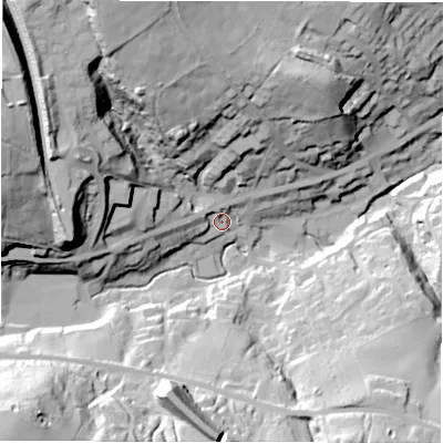 Shaded relief map of the ground around HD88FP, computed from Environment Agency LiDAR. The ground here sits at about 157 m above sea level and falls 67 m across the surrounding 800 m. Surface water reaching this point runs off ground lying to the west, 9.7 m higher.