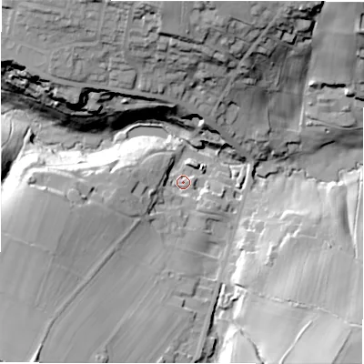 Shaded relief map of the ground around HD88GN, computed from Environment Agency LiDAR. The ground here sits at about 150 m above sea level and falls 47 m across the surrounding 800 m. Surface water reaching this point runs off ground lying to the south-west, 30.0 m higher.