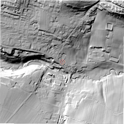 Shaded relief map of the ground around HD88HY, computed from Environment Agency LiDAR. The ground here sits at about 156 m above sea level and falls 81 m across the surrounding 800 m. Surface water reaching this point runs off ground lying to the north, 50.8 m higher.