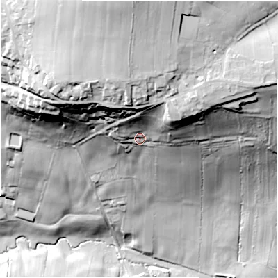 Shaded relief map of the ground around HD88LS, computed from Environment Agency LiDAR. The ground here sits at about 191 m above sea level and falls 83 m across the surrounding 800 m. Surface water reaching this point runs off ground lying to the north, 42.4 m higher.