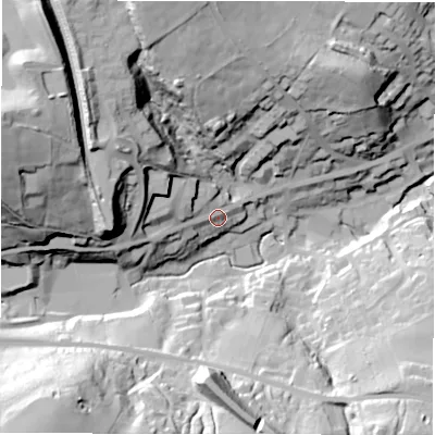 Shaded relief map of the ground around HD88QD, computed from Environment Agency LiDAR. The ground here sits at about 163 m above sea level and falls 66 m across the surrounding 800 m. Surface water reaching this point runs off ground lying to the west-north-west, 48.4 m higher.
