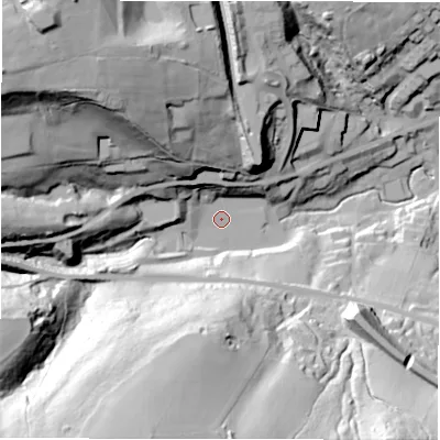 Shaded relief map of the ground around HD88QL, computed from Environment Agency LiDAR. The ground here sits at about 164 m above sea level and falls 77 m across the surrounding 800 m. Surface water reaching this point runs off ground lying to the west-north-west, 14.8 m higher.