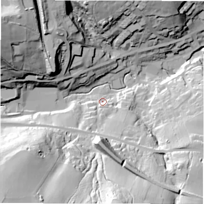 Shaded relief map of the ground around HD88QP, computed from Environment Agency LiDAR. The ground here sits at about 160 m above sea level and falls 74 m across the surrounding 800 m. Surface water reaching this point runs off ground lying to the south, 61.9 m higher.