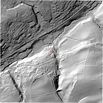 Shaded relief map of the ground around HD88RB, computed from Environment Agency LiDAR. The ground here sits at about 152 m above sea level and falls 67 m across the surrounding 800 m. Surface water reaching this point runs off ground lying to the south-south-west, 31.9 m higher.