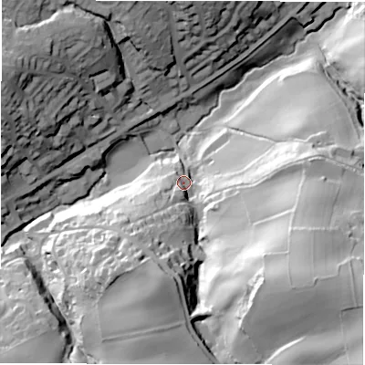 Shaded relief map of the ground around HD88RF, computed from Environment Agency LiDAR. The ground here sits at about 151 m above sea level and falls 70 m across the surrounding 800 m. Surface water reaching this point runs off ground lying to the south-east, 53.7 m higher.