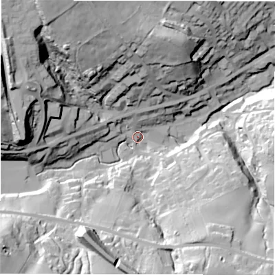 Shaded relief map of the ground around HD88TH, computed from Environment Agency LiDAR. The ground here sits at about 154 m above sea level and falls 64 m across the surrounding 800 m. Surface water reaching this point runs off ground lying to the south-west, 57.0 m higher.