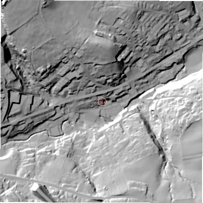 Shaded relief map of the ground around HD88TJ, computed from Environment Agency LiDAR. The ground here sits at about 155 m above sea level and falls 63 m across the surrounding 800 m. Surface water reaching this point runs off ground lying to the north-west, 37.3 m higher.