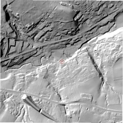 Shaded relief map of the ground around HD88TP, computed from Environment Agency LiDAR. The ground here sits at about 154 m above sea level and falls 64 m across the surrounding 800 m. Surface water reaching this point runs off ground lying to the south-west, 55.6 m higher.