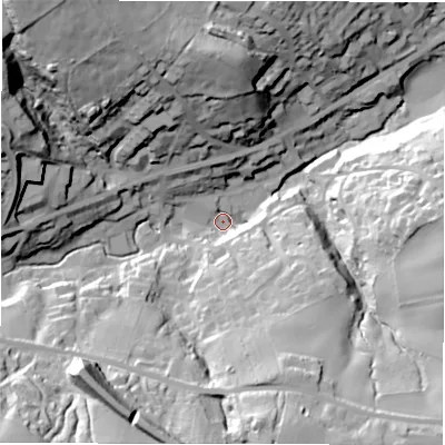 Shaded relief map of the ground around HD88XD, computed from Environment Agency LiDAR. The ground here sits at about 151 m above sea level and falls 61 m across the surrounding 800 m. Surface water reaching this point runs off ground lying to the south-west, 54.4 m higher.