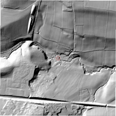 Shaded relief map of the ground around HD89BB, computed from Environment Agency LiDAR. The ground here sits at about 129 m above sea level and falls 57 m across the surrounding 800 m. Surface water reaching this point runs off ground lying to the north-north-west, 46.8 m higher.