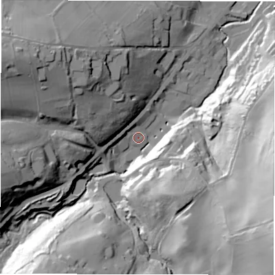 Shaded relief map of the ground around HD89FB, computed from Environment Agency LiDAR. The ground here sits at about 117 m above sea level and falls 69 m across the surrounding 800 m. Surface water reaching this point runs off ground lying to the north-west, 5.0 m higher.
