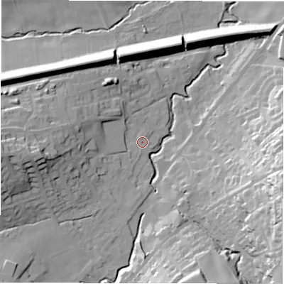 Shaded relief map of the ground around HD89GT, computed from Environment Agency LiDAR. The ground here sits at about 105 m above sea level and falls 41 m across the surrounding 800 m. Surface water reaching this point runs off ground lying to the west, 22.2 m higher.