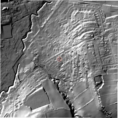 Shaded relief map of the ground around HD89HA, computed from Environment Agency LiDAR. The ground here sits at about 120 m above sea level and falls 66 m across the surrounding 800 m. Surface water reaching this point runs off ground lying to the east-south-east, 36.2 m higher.