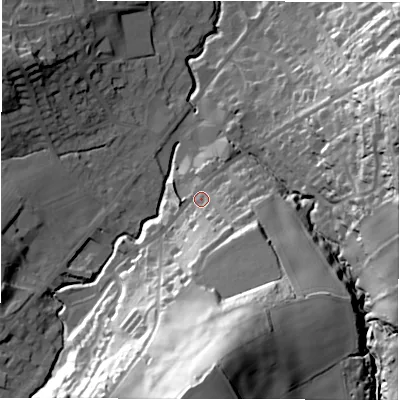 Shaded relief map of the ground around HD89HH, computed from Environment Agency LiDAR. The ground here sits at about 113 m above sea level and falls 71 m across the surrounding 800 m. Surface water reaching this point runs off ground lying to the south, 54.4 m higher.