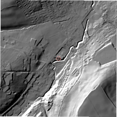 Shaded relief map of the ground around HD89HP, computed from Environment Agency LiDAR. The ground here sits at about 110 m above sea level and falls 71 m across the surrounding 800 m. Surface water reaching this point runs off ground lying to the west-south-west, 4.4 m higher.
