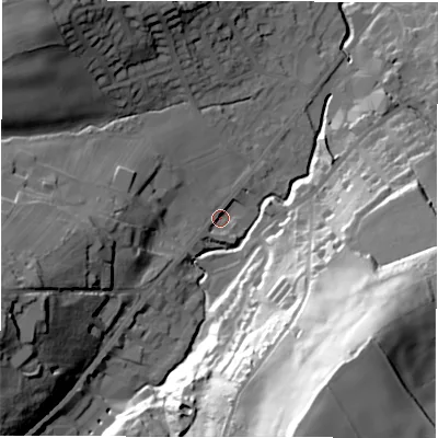 Shaded relief map of the ground around HD89HR, computed from Environment Agency LiDAR. The ground here sits at about 108 m above sea level and falls 71 m across the surrounding 800 m. Surface water reaching this point runs off ground lying to the west-south-west, 30.0 m higher.