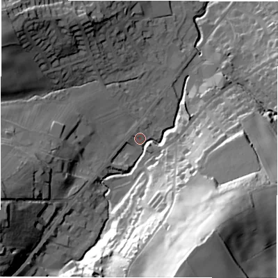 Shaded relief map of the ground around HD89HS, computed from Environment Agency LiDAR. The ground here sits at about 109 m above sea level and falls 72 m across the surrounding 800 m. Surface water reaching this point runs off ground lying to the south-south-east, 65.6 m higher.