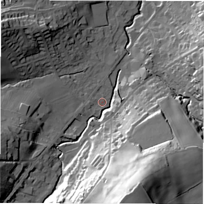 Shaded relief map of the ground around HD89HT, computed from Environment Agency LiDAR. The ground here sits at about 108 m above sea level and falls 71 m across the surrounding 800 m. Surface water reaching this point runs off ground lying to the west-south-west, 2.1 m higher.