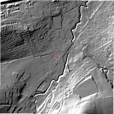 Shaded relief map of the ground around HD89HU, computed from Environment Agency LiDAR. The ground here sits at about 107 m above sea level and falls 65 m across the surrounding 800 m. Surface water reaching this point runs off ground lying to the west-north-west, 26.2 m higher.