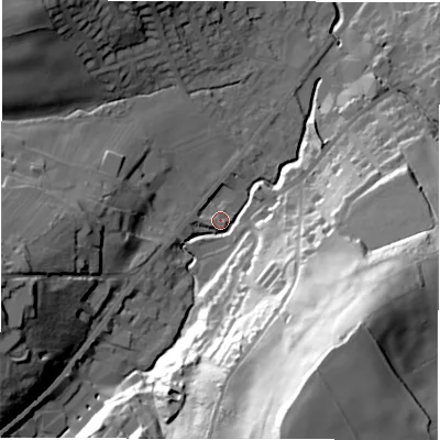 Shaded relief map of the ground around HD89HW, computed from Environment Agency LiDAR. The ground here sits at about 110 m above sea level and falls 71 m across the surrounding 800 m. Surface water reaching this point runs off ground lying to the south-south-east, 65.8 m higher.