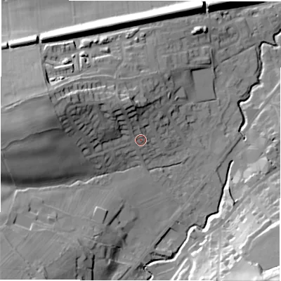 Shaded relief map of the ground around HD89JB, computed from Environment Agency LiDAR. The ground here sits at about 114 m above sea level and falls 44 m across the surrounding 800 m. Surface water reaching this point runs off ground lying to the north-north-west, 11.4 m higher.