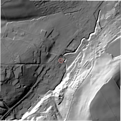 Shaded relief map of the ground around HD89JG, computed from Environment Agency LiDAR. The ground here sits at about 111 m above sea level and falls 71 m across the surrounding 800 m. Surface water reaching this point runs off ground lying to the south-south-east, 65.5 m higher.