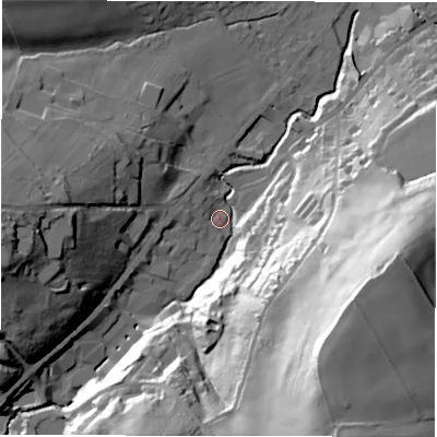 Shaded relief map of the ground around HD89JH, computed from Environment Agency LiDAR. The ground here sits at about 111 m above sea level and falls 71 m across the surrounding 800 m. Surface water reaching this point runs off ground lying to the south-south-east, 65.8 m higher.
