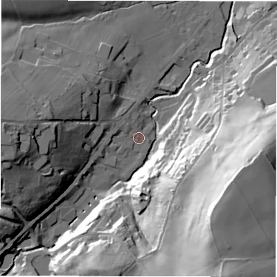 Shaded relief map of the ground around HD89JJ, computed from Environment Agency LiDAR. The ground here sits at about 112 m above sea level and falls 73 m across the surrounding 800 m. Surface water reaching this point runs off ground lying to the west-south-west, 5.9 m higher.