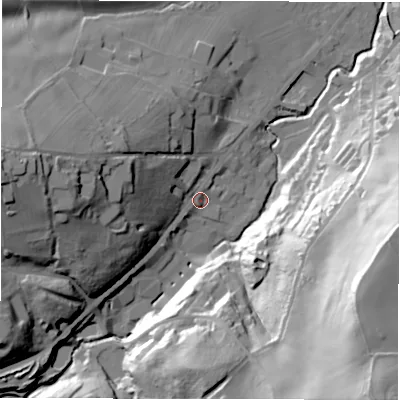 Shaded relief map of the ground around HD89JL, computed from Environment Agency LiDAR. The ground here sits at about 116 m above sea level and falls 75 m across the surrounding 800 m. Surface water reaching this point runs off ground lying to the west, 37.5 m higher.