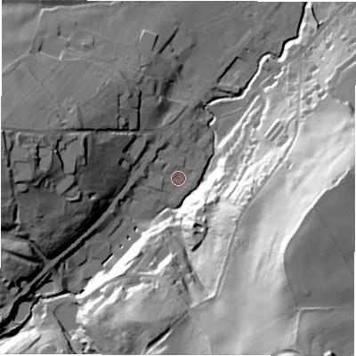 Shaded relief map of the ground around HD89JN, computed from Environment Agency LiDAR. The ground here sits at about 113 m above sea level and falls 77 m across the surrounding 800 m. Surface water reaching this point runs off ground lying to the west, 5.6 m higher.