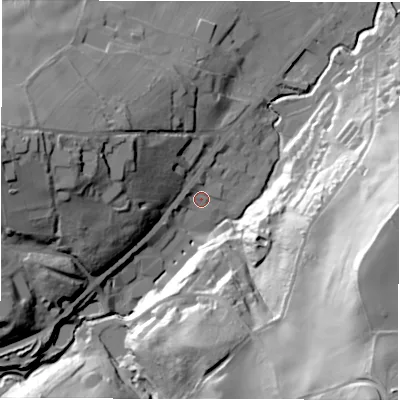 Shaded relief map of the ground around HD89JP, computed from Environment Agency LiDAR. The ground here sits at about 115 m above sea level and falls 78 m across the surrounding 800 m. Surface water reaching this point runs off ground lying to the west-south-west, 4.4 m higher.