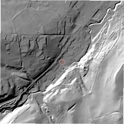 Shaded relief map of the ground around HD89JS, computed from Environment Agency LiDAR. The ground here sits at about 115 m above sea level and falls 78 m across the surrounding 800 m. Surface water reaching this point runs off ground lying to the west, 4.4 m higher.