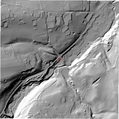 Shaded relief map of the ground around HD89LB, computed from Environment Agency LiDAR. The ground here sits at about 122 m above sea level and falls 56 m across the surrounding 800 m. Surface water reaching this point runs off ground lying to the north-west, 42.9 m higher.