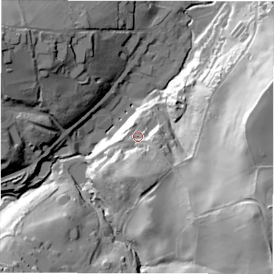 Shaded relief map of the ground around HD89LF, computed from Environment Agency LiDAR. The ground here sits at about 134 m above sea level and falls 76 m across the surrounding 800 m. Surface water reaching this point runs off ground lying to the south-south-east, 15.6 m higher.