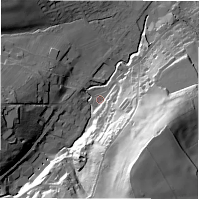 Shaded relief map of the ground around HD89LS, computed from Environment Agency LiDAR. The ground here sits at about 111 m above sea level and falls 70 m across the surrounding 800 m. Surface water reaching this point runs off ground lying to the south-south-east, 65.5 m higher.