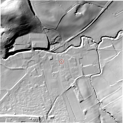 Shaded relief map of the ground around HD89LU, computed from Environment Agency LiDAR. The ground here sits at about 94 m above sea level and falls 45 m across the surrounding 800 m. Surface water reaching this point runs off ground lying to the south, 2.5 m higher.