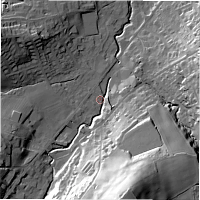 Shaded relief map of the ground around HD89LX, computed from Environment Agency LiDAR. The ground here sits at about 107 m above sea level and falls 71 m across the surrounding 800 m. Surface water reaching this point runs off ground lying to the south, 66.4 m higher.