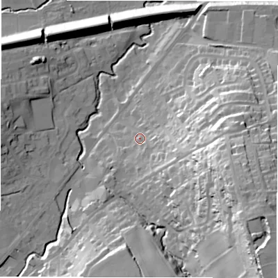 Shaded relief map of the ground around HD89NB, computed from Environment Agency LiDAR. The ground here sits at about 109 m above sea level and falls 64 m across the surrounding 800 m. Surface water reaching this point runs off ground lying to the east-south-east, 16.9 m higher.