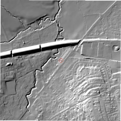 Shaded relief map of the ground around HD89NN, computed from Environment Agency LiDAR. The ground here sits at about 103 m above sea level and falls 56 m across the surrounding 800 m. Surface water reaching this point runs off ground lying to the south-east, 37.8 m higher.