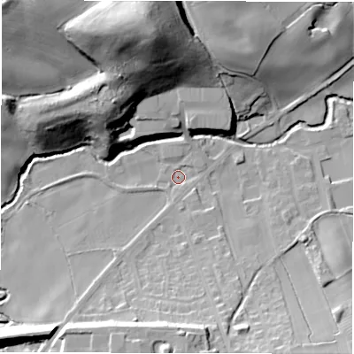 Shaded relief map of the ground around HD89PZ, computed from Environment Agency LiDAR. The ground here sits at about 95 m above sea level and falls 43 m across the surrounding 800 m. Surface water reaching this point runs off ground lying to the north-north-west, 40.3 m higher.