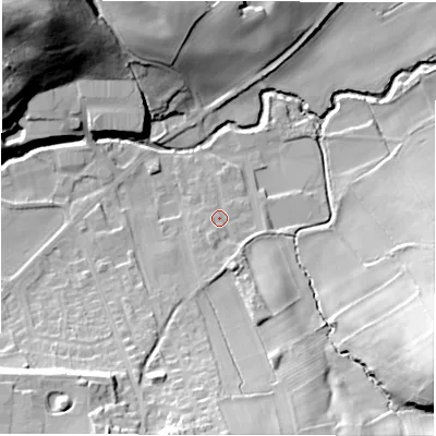 Shaded relief map of the ground around HD89QA, computed from Environment Agency LiDAR. The ground here sits at about 96 m above sea level and falls 45 m across the surrounding 800 m. Surface water reaching this point runs off ground lying to the south, 21.4 m higher.
