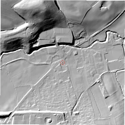 Shaded relief map of the ground around HD89QB, computed from Environment Agency LiDAR. The ground here sits at about 95 m above sea level and falls 44 m across the surrounding 800 m. Surface water reaching this point runs off ground lying to the south, 19.4 m higher.