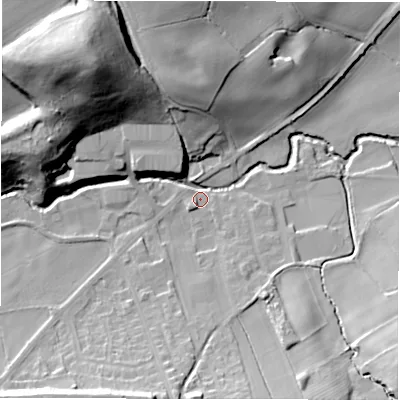 Shaded relief map of the ground around HD89QD, computed from Environment Agency LiDAR. The ground here sits at about 94 m above sea level and falls 44 m across the surrounding 800 m. Surface water reaching this point runs off ground lying to the north-west, 41.7 m higher.