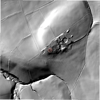 Shaded relief map of the ground around HD89QE, computed from Environment Agency LiDAR. The ground here sits at about 144 m above sea level and falls 70 m across the surrounding 800 m. Surface water reaching this point runs off ground lying to the west, 2.9 m higher.