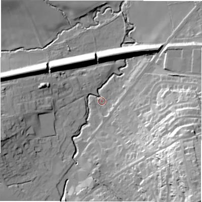 Shaded relief map of the ground around HD89QN, computed from Environment Agency LiDAR. The ground here sits at about 102 m above sea level and falls 59 m across the surrounding 800 m. Surface water reaching this point runs off ground lying to the south-east, 52.1 m higher.