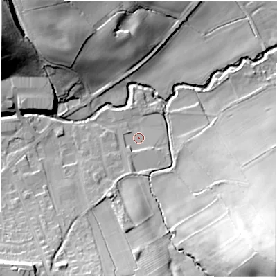 Shaded relief map of the ground around HD89QQ, computed from Environment Agency LiDAR. The ground here sits at about 93 m above sea level and falls 45 m across the surrounding 800 m. Surface water reaching this point runs off ground lying to the south, 4.3 m higher.