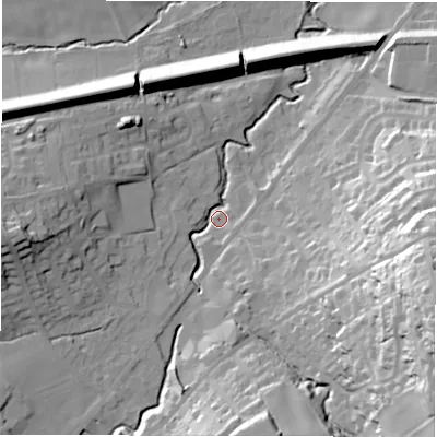 Shaded relief map of the ground around HD89QW, computed from Environment Agency LiDAR. The ground here sits at about 104 m above sea level and falls 53 m across the surrounding 800 m. Surface water reaching this point runs off ground lying to the east-south-east, 49.2 m higher.
