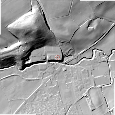 Shaded relief map of the ground around HD89TR, computed from Environment Agency LiDAR. The ground here sits at about 102 m above sea level and falls 44 m across the surrounding 800 m. Surface water reaching this point runs off ground lying to the north-north-west, 0.9 m higher.